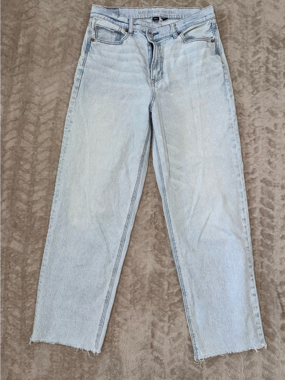 American Eagle Highest Rise Baggy Straight Light Wash Raw Hem Y2K Style Jeans
